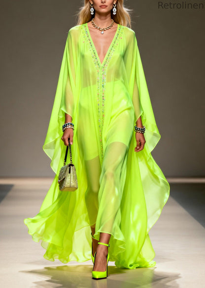 Fluorescent Green V Neck Zircon Chiffon Robe Dresses Summer