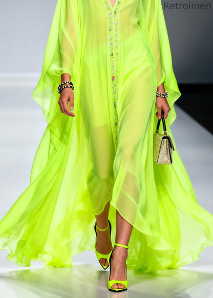Handmade Fluorescent Green V Neck Zircon Chiffon Dress Spring