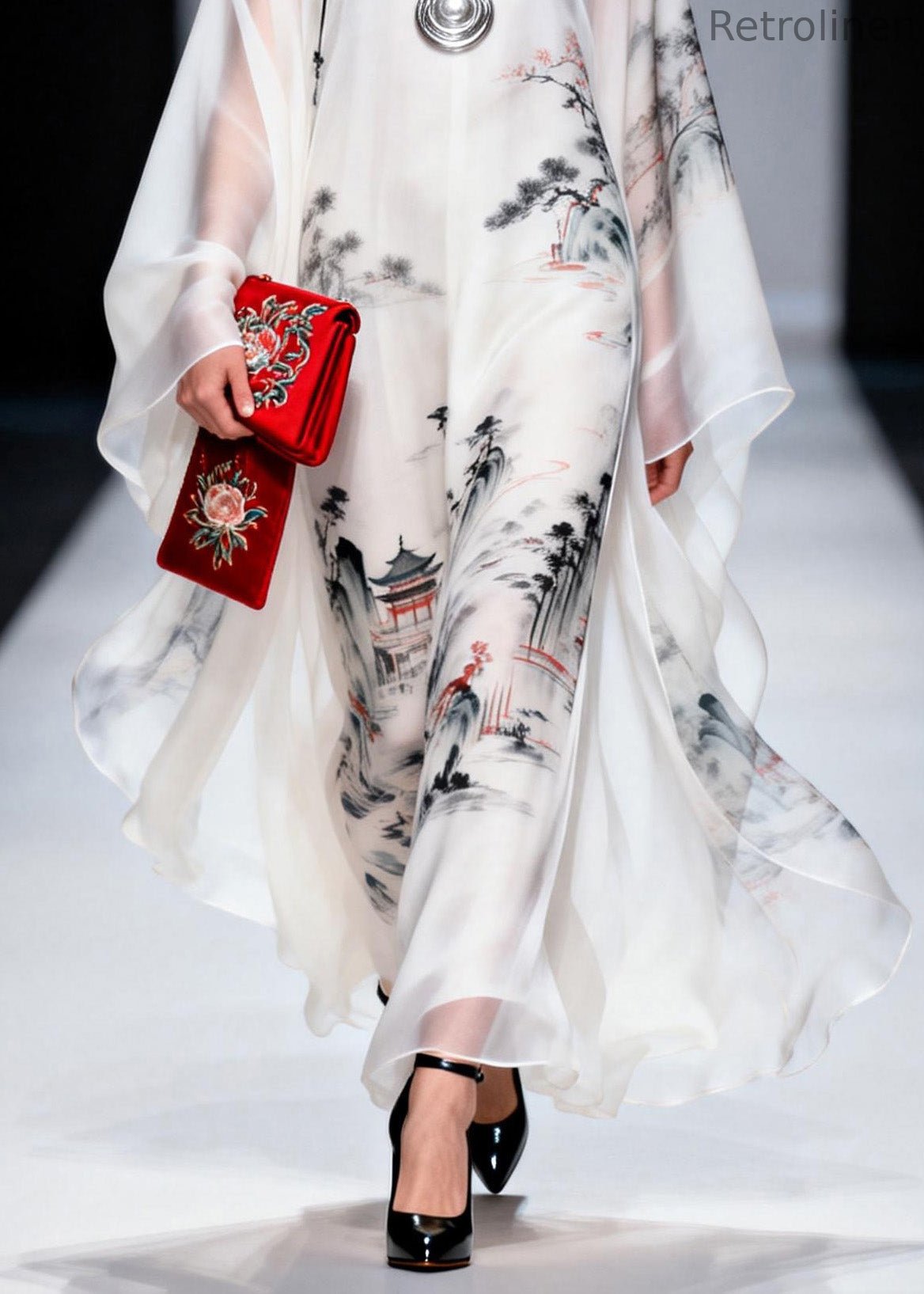 White Stand Collar Print Chiffon Long Dress Spring