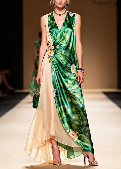 Natural Green Patchwork Flower Chiffon Vacation Dresses Sleeveless