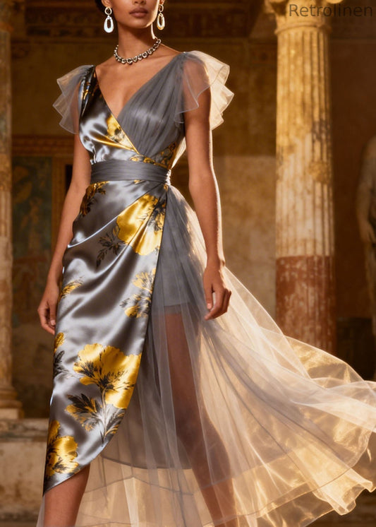 Grey V Neck Tulle Patchwork Silk Long Dress Summer