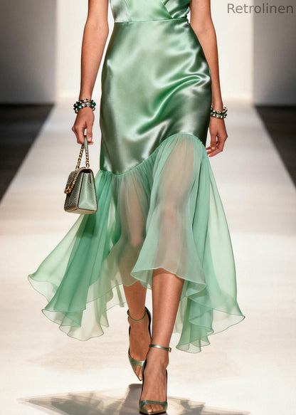 Boutique Light Green V Neck Patchwork Tulle Long Dresses Summer