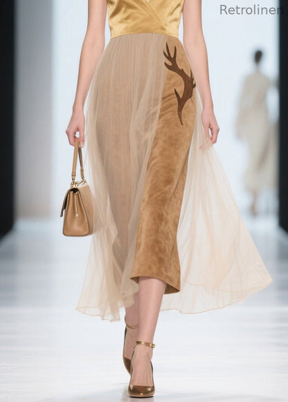 Natural V Neck Tulle Patchwork Silk Velvet Dress Sleeveless