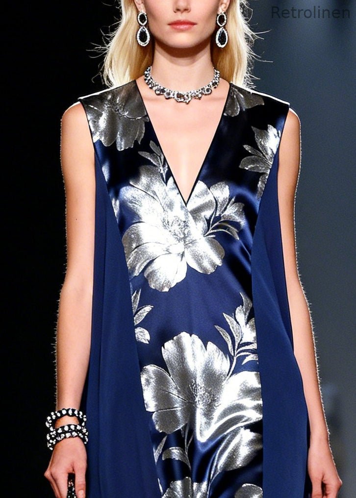 Style Navy Jacquard Patchwork Chiffon Holiday Dress Summer