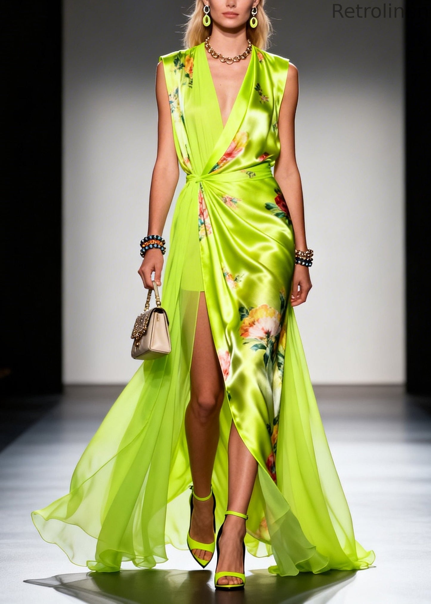 Fluorescent Green Exra Large Hem Side Open Chiffon Robe Dresses Summer