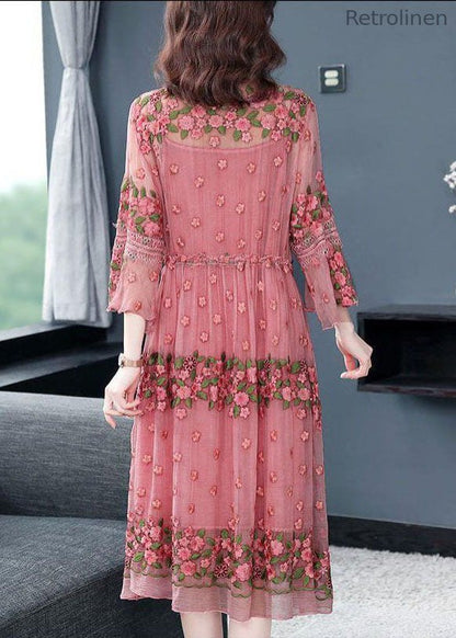Pink Embroideried Lace Up Silk Robe Dresses Flare Sleeve