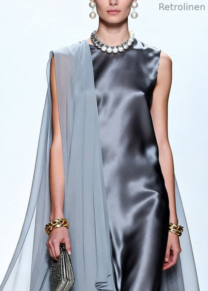 Grey Oversized Patchwork Chiffon Maxi Dress Summer