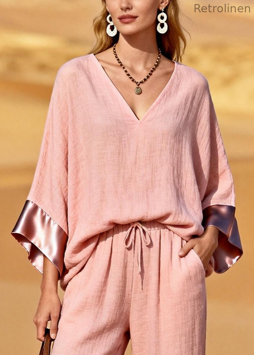 Pink V Neck Patchwork Cotton Two Pieces Set Spring