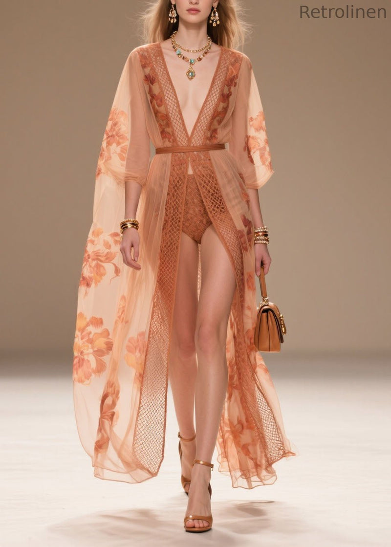 Style Orange V Neck Print Chiffon Sun Protection Cardigans Summer