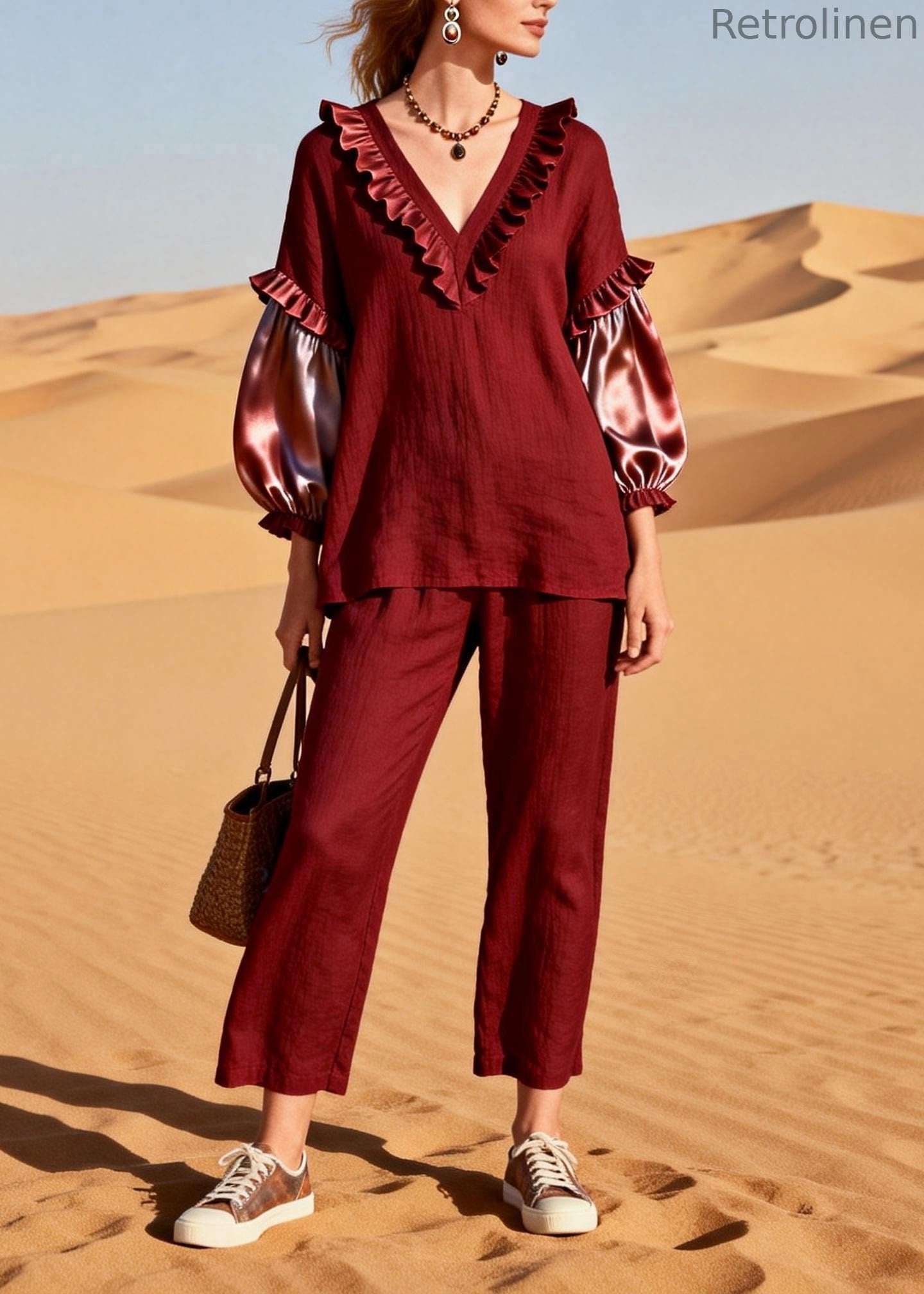 Red Ruffled Silk Patchwork Linen Two Pieces Set Spring