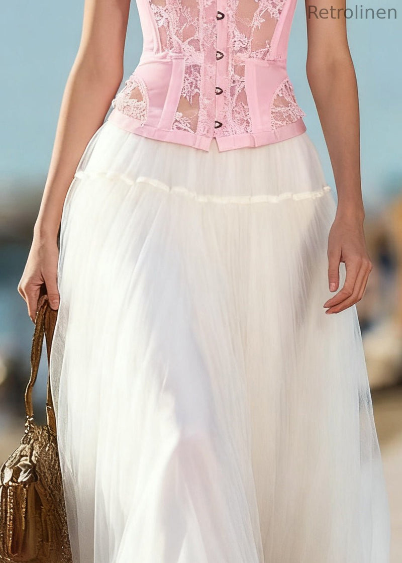 Art Beige Elastic Waist Tulle Skirts Summer