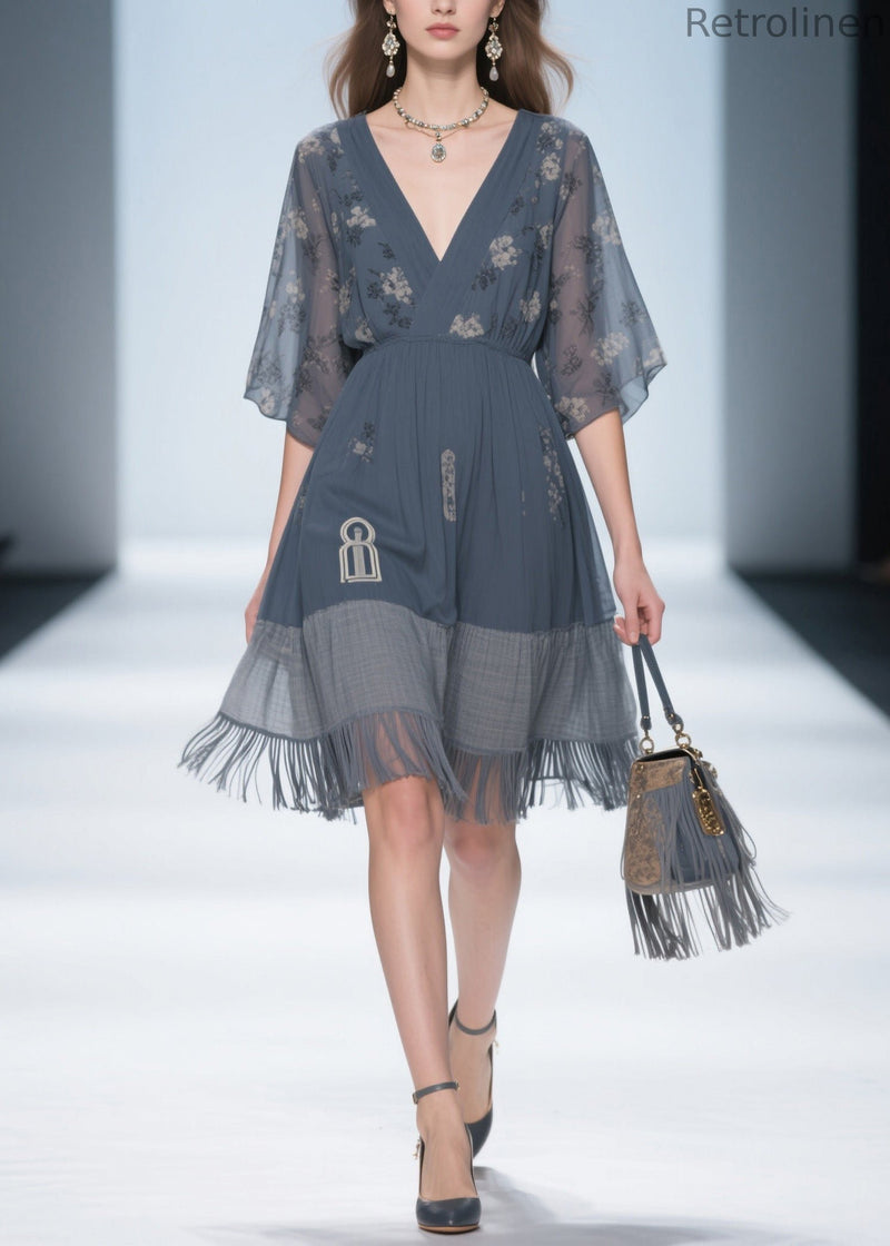 Classy Grey V Neck Tassel Patchwork Cotton Dress Summer