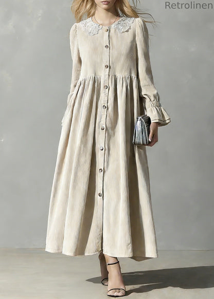 Apricot Peter Pan Collar Button Corduroy Blouses Dresses Spring