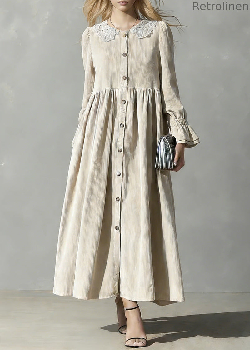 Apricot Peter Pan Collar Button Corduroy Blouses Dresses Spring