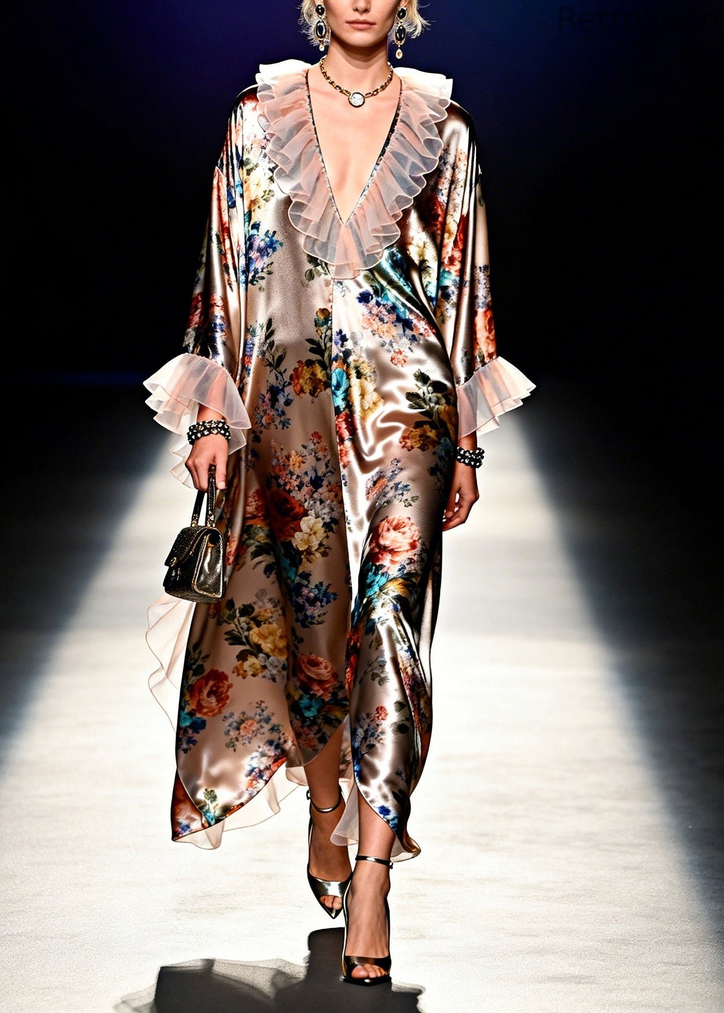 Italian Brown Ruffled Patchwork Print Silk Long Dress Summer