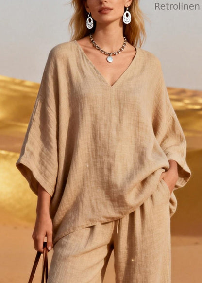 V Neck Sequins Patchwork Linen Two Piece Set Spring