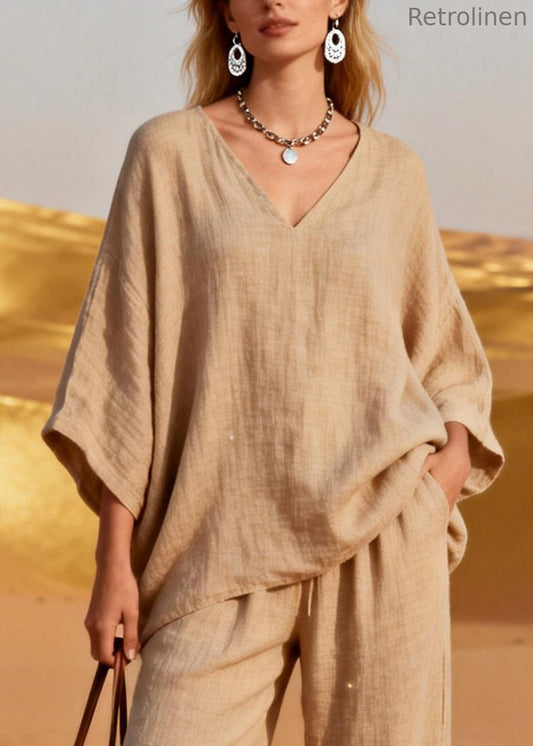 V Neck Sequins Patchwork Linen Two Piece Set Spring