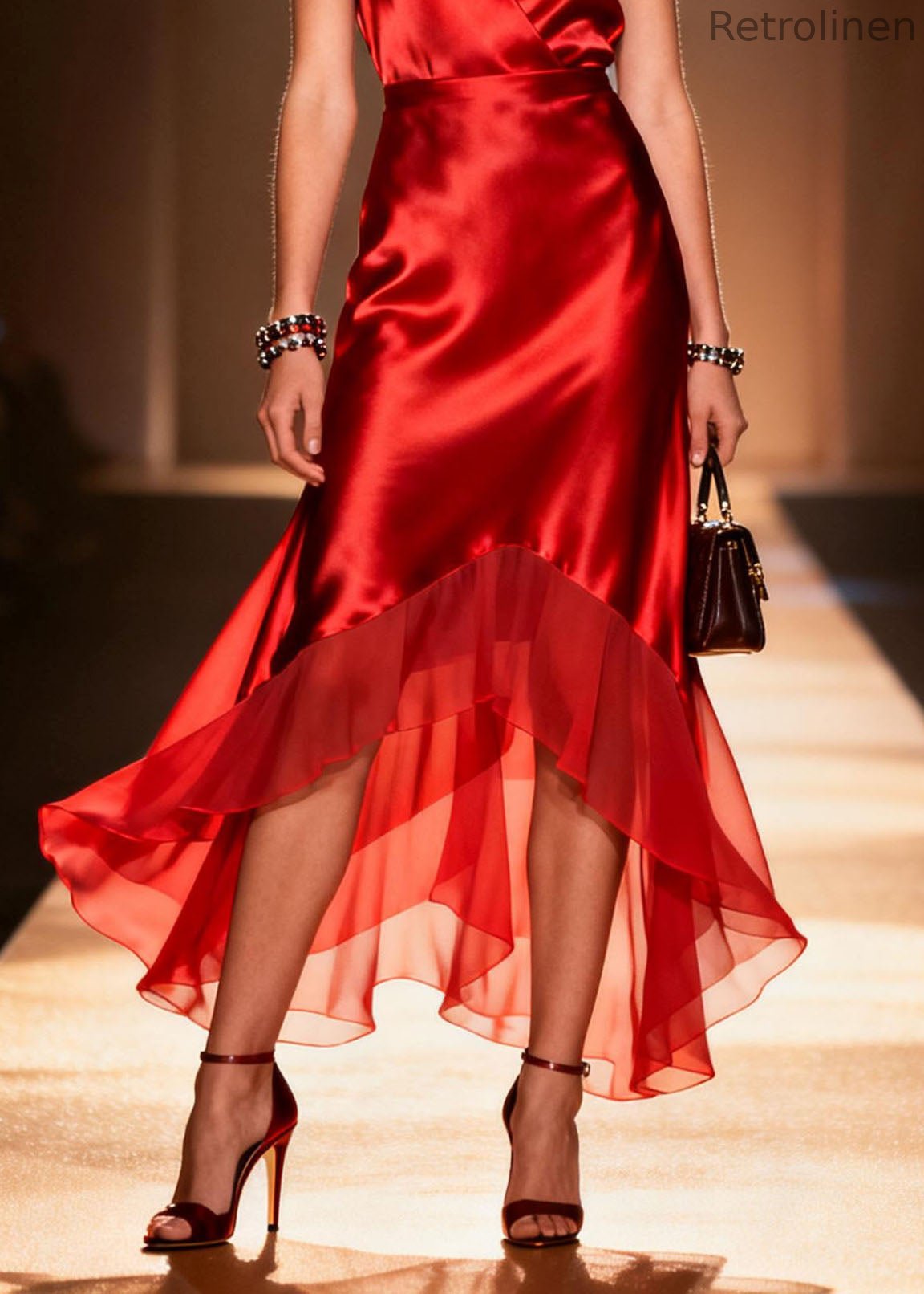 Fine Red V Neck Ruffled Patchwork Silk Dress Sleeveless