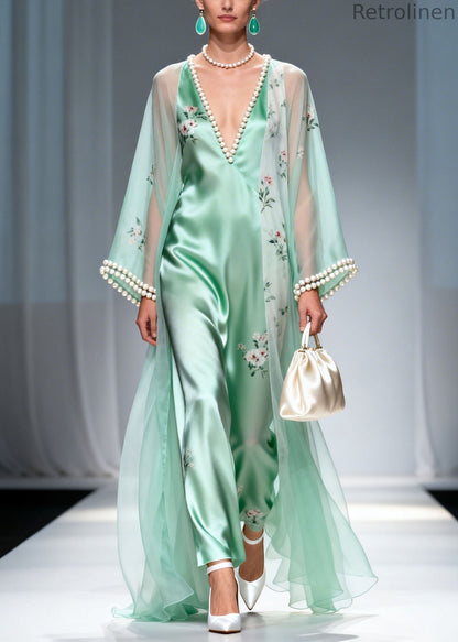 Boutique Green V Neck Nail Bead Silk Long Dress Summer