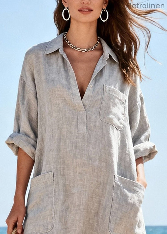 Organic Light Grey Tasseled Pockets Cotton Long Dress Spring