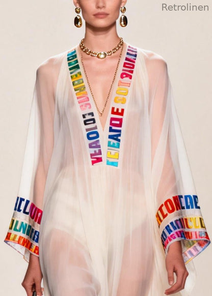 Italian White V Neck Letter Print Chiffon Sheer Dress Summer