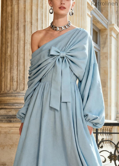 Blue One Shoulder Asymmetrical Wrinkled Maxi Dress Lantern Sleeve