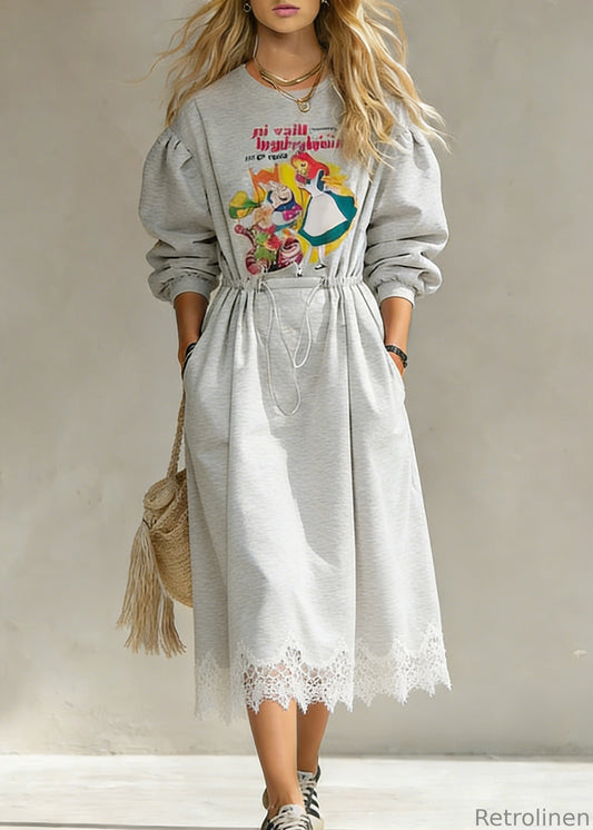 Grey Print Drawstring Lace Patchwork Cotton Sweatshirt Dresses Spring