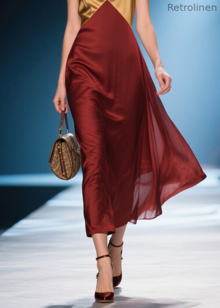 Colorblock V Neck Silk Long Dress Summer