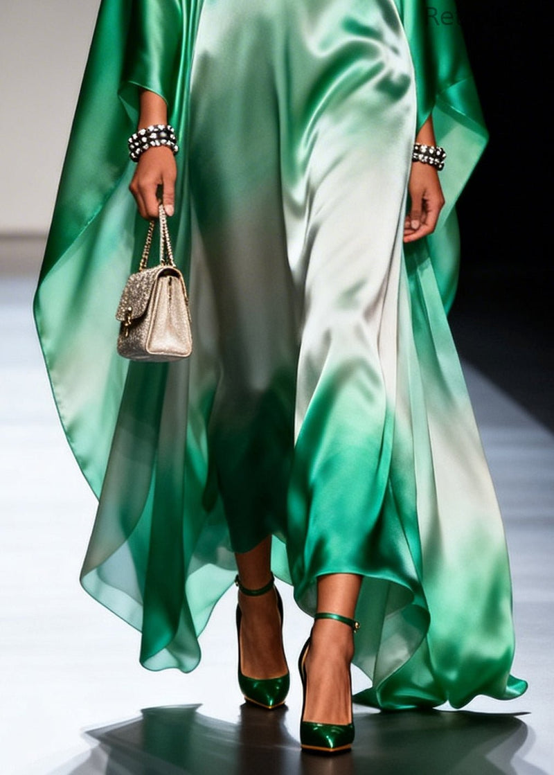 Gradient Green Oversized Chiffon Maxi Dress Batwing Sleeve