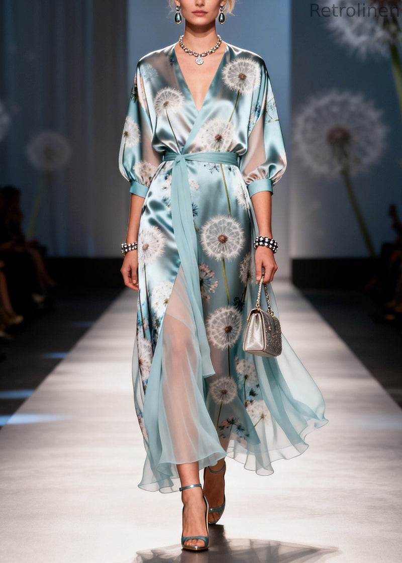 Fine Light Blue Tunic Dandelion Print Chiffon Long Dresses Summer