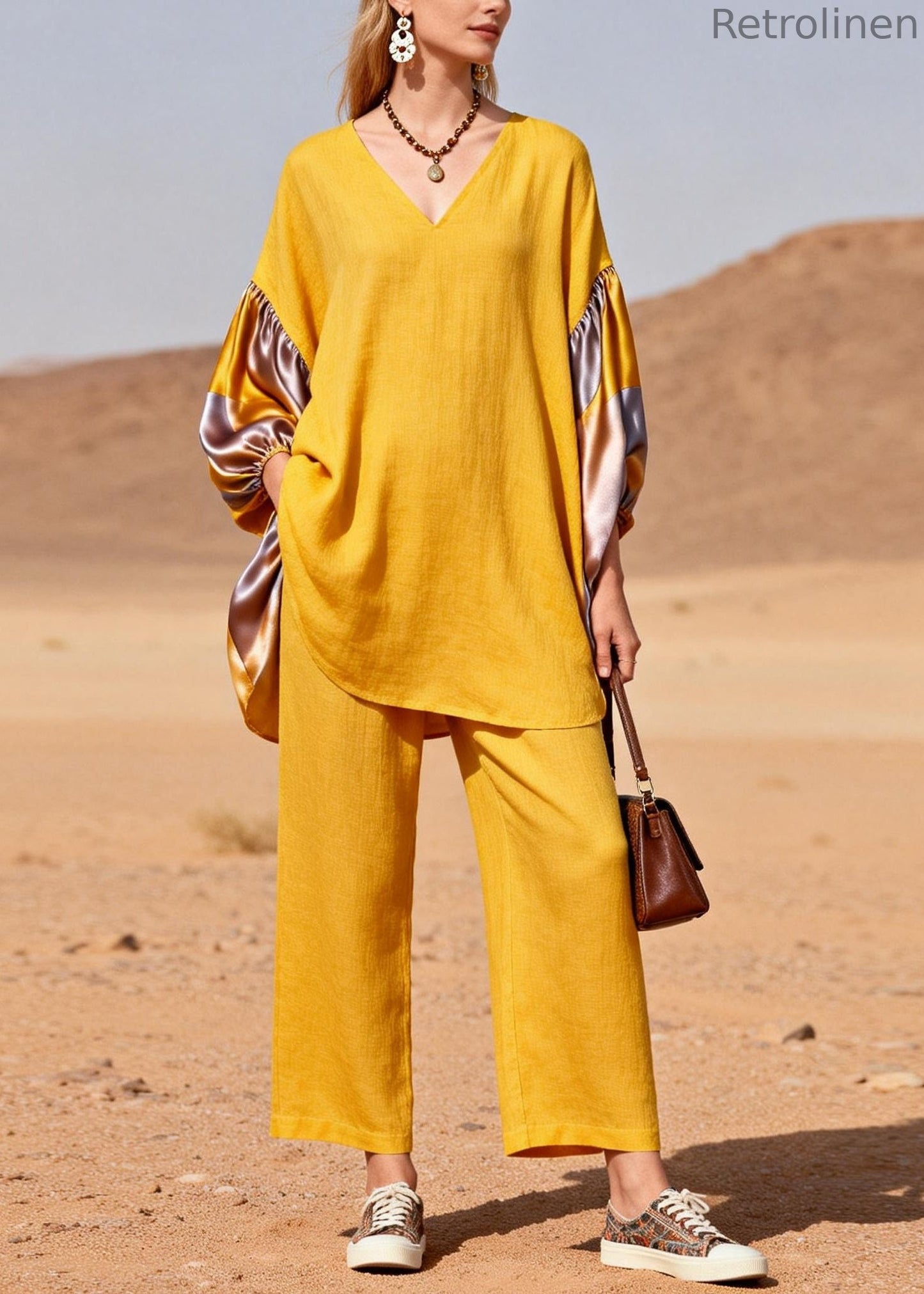 Yellow Oversized Patchwork Silk Cotton Two Pieces Set Spring