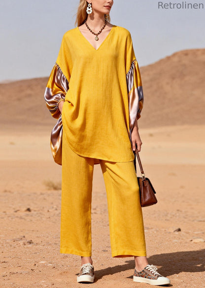 Yellow Oversized Patchwork Silk Cotton Two Pieces Set Spring