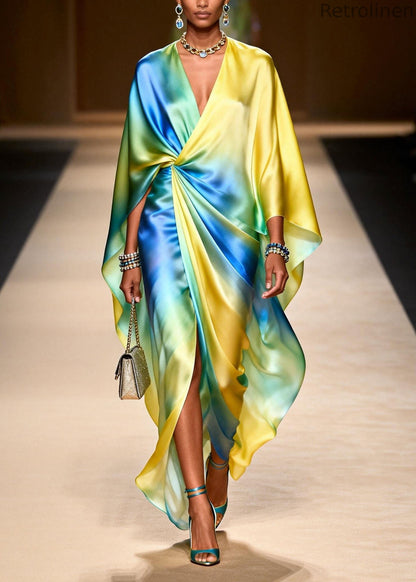 V Neck Tie Dye Side Open Chiffon Dresses Spring