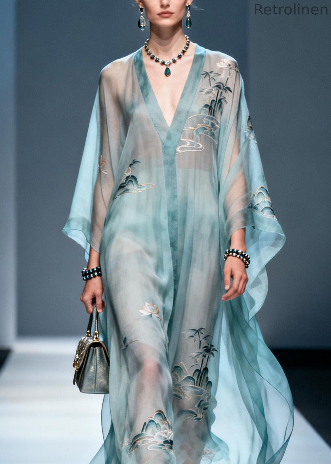 V Neck Print Chiffon Long Dress Summer