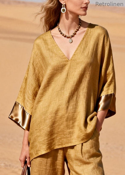 Art Yellow Oversized Patchwork Linen Two Pieces Set Spring