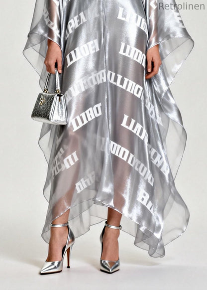 Diy Silvery Oversized Letter Print Chiffon Maxi Dress Summer