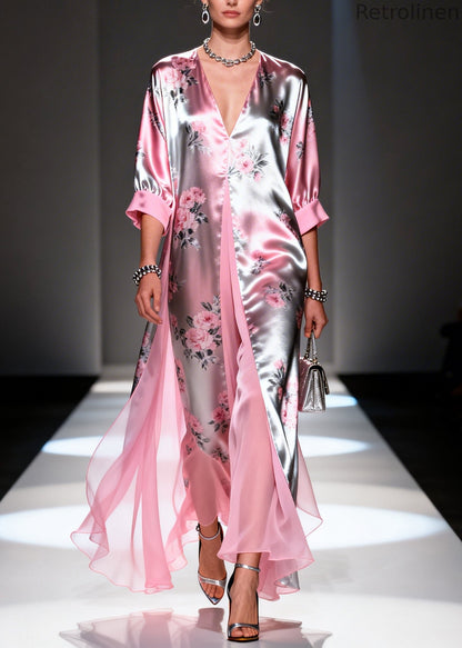 Italian Pink Print Patchwork Silk Fake Two Piece Dress Summer