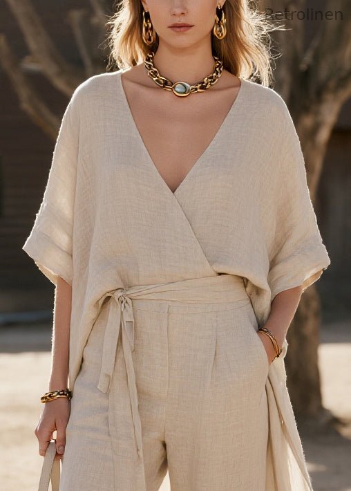Style Apricot V Neck Low High Design Linen Two Pieces Set Summer