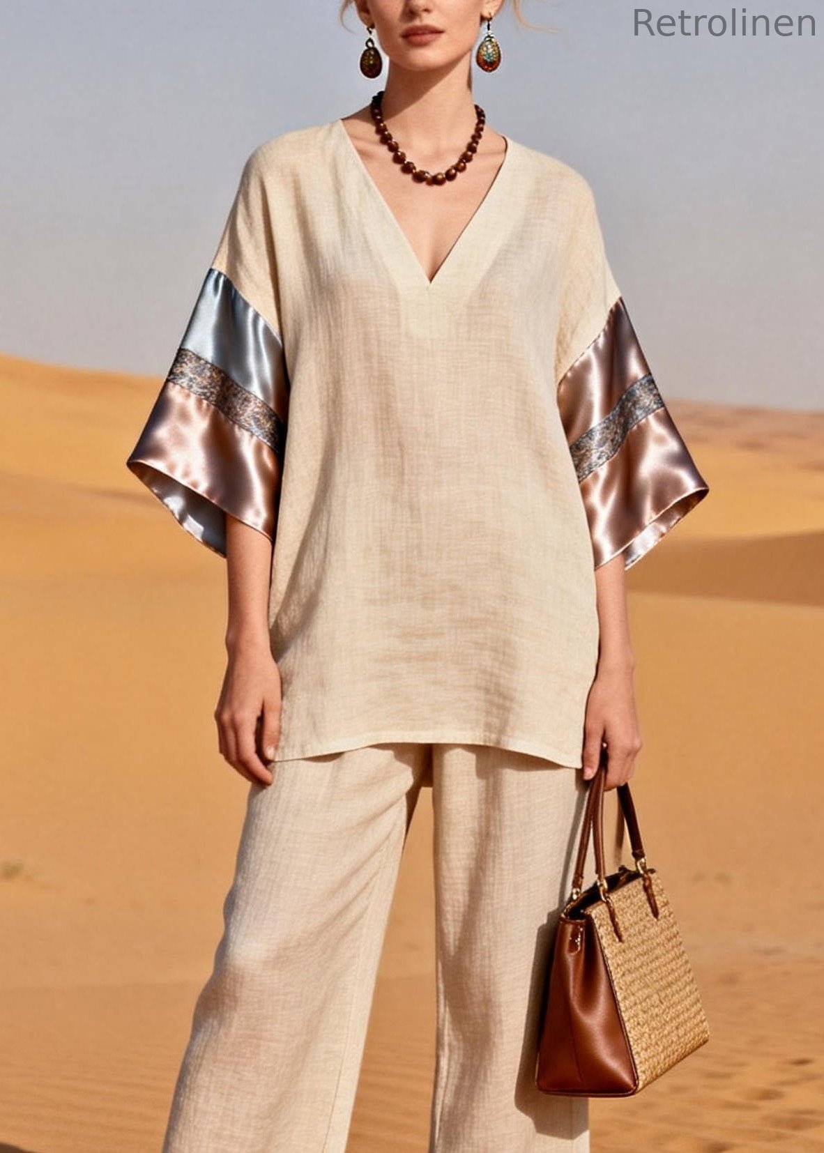 V Neck Patchwork Linen Silk Sets 2 Pieces Summer
