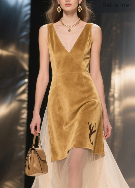 Yellow V Neck Tulle Patchwork Velvet Dresses Sleeveless