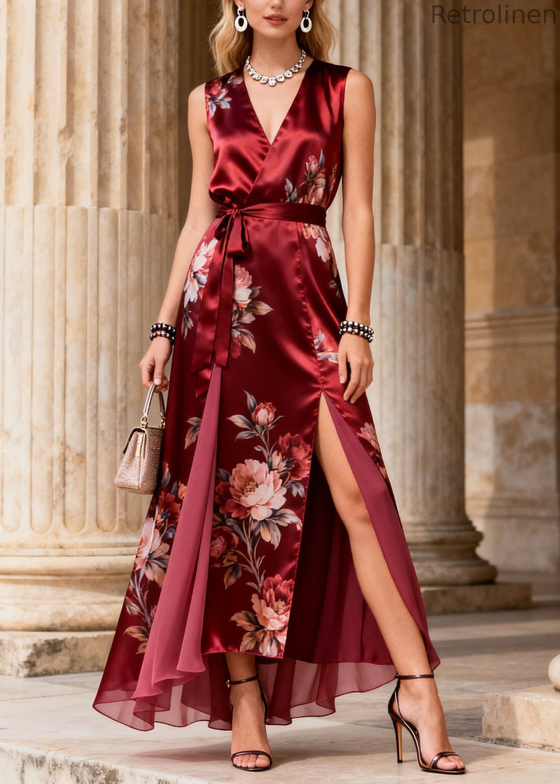 Handmade Red Print Side Open Lace Up Silk Dress Summer