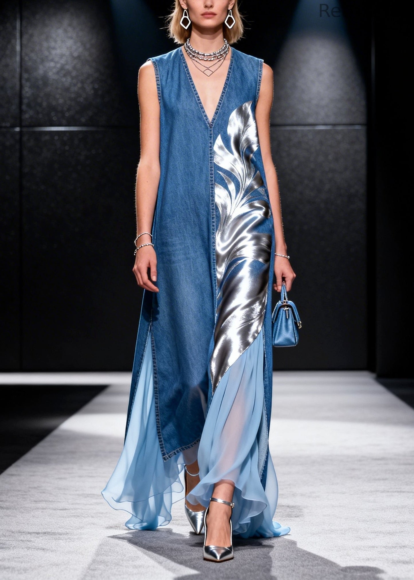 French Blue Asymmetrical Tulle Patchwork Denim Long Dress Summer