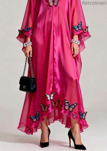 Rose V Neck Butterfly Silk Maxi Dresses Spring