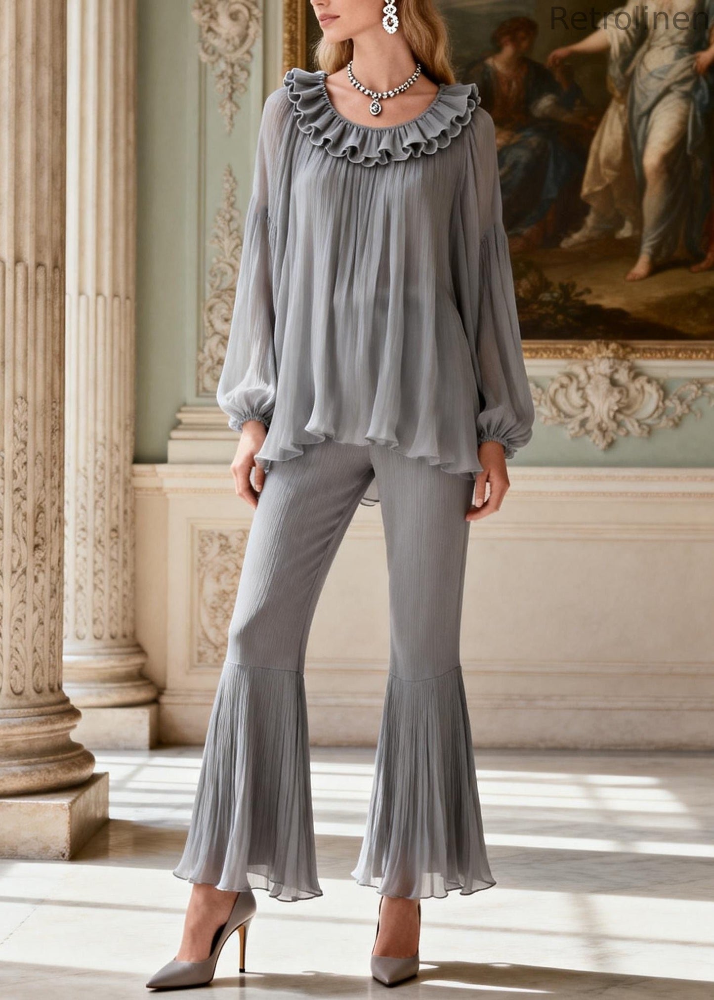 Grey Ruffled Patchwork Linen Silk 2 Piece Outfit Spring