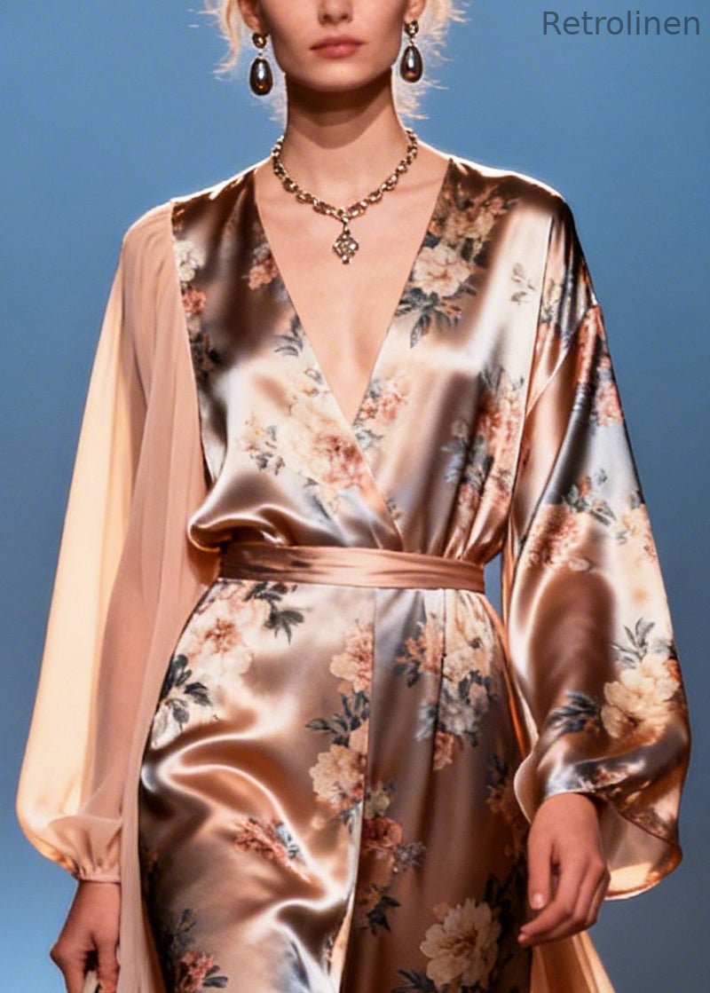 Diy Champagne Asymmetrical Patchwork Print Silk Maxi Dresses Summer