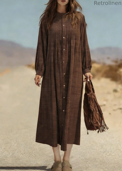 Retro Coffee Plaid Button Cotton Shirts Dress Spring