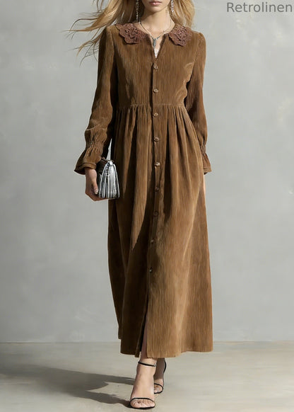 Coffee Button Oversized Corduroy Shirts Dress Peter Pan Collar