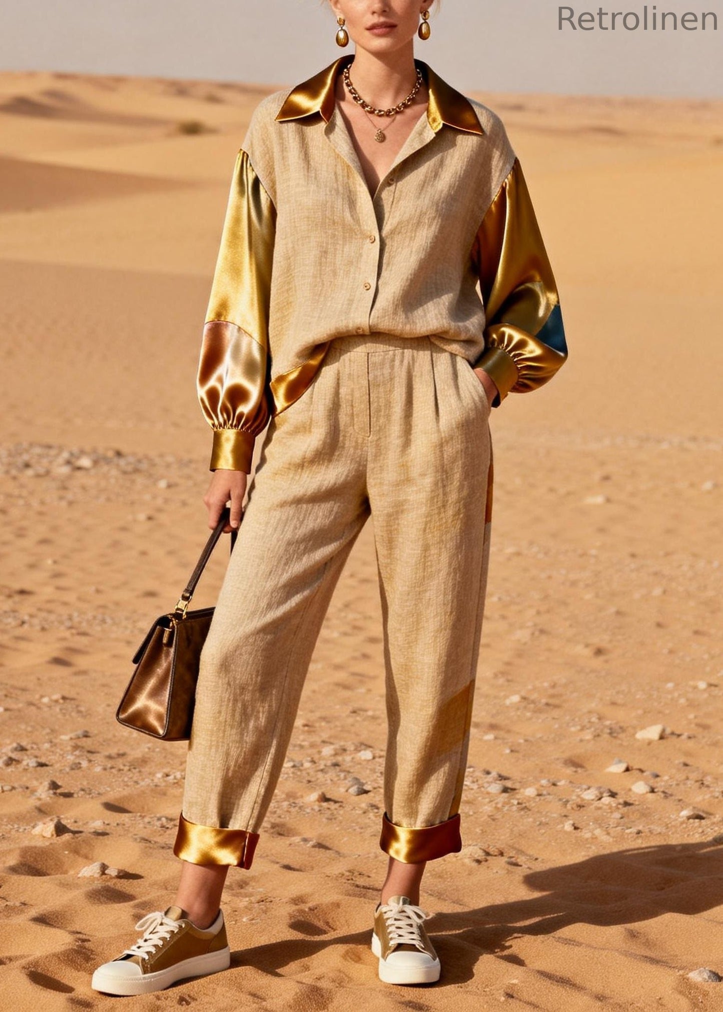 Khaki Peter Pan Collar Shirts and Crop Pants Silk Patchwork Two Pieces Set