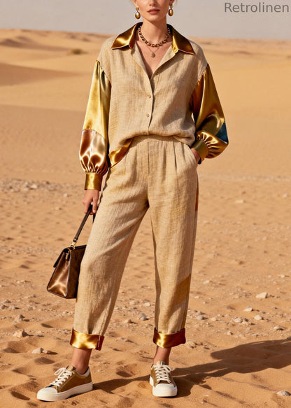 Khaki Peter Pan Collar Shirts and Crop Pants Silk Patchwork Two Pieces Set