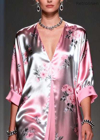 Italian Pink Print Patchwork Silk Fake Two Piece Dress Summer